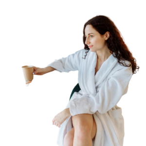 woman in robe looking relaxed