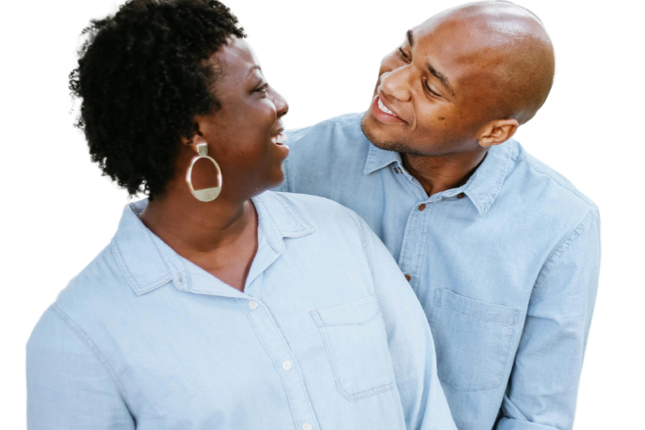 mature poc couple looking at each other feeling happy