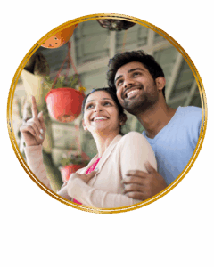 couple at carnival looking happy into the distance