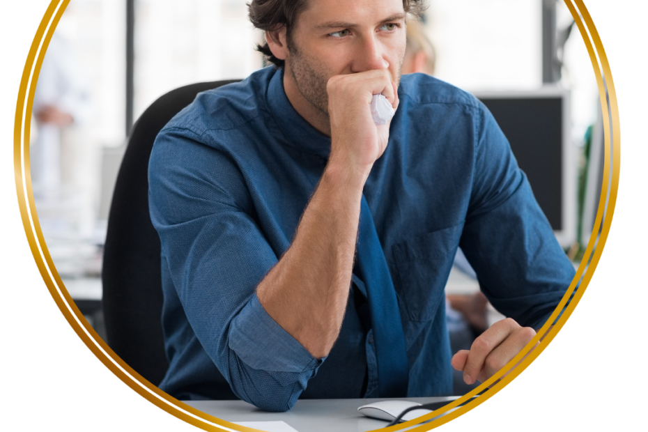worried man biting his hand looking at computer